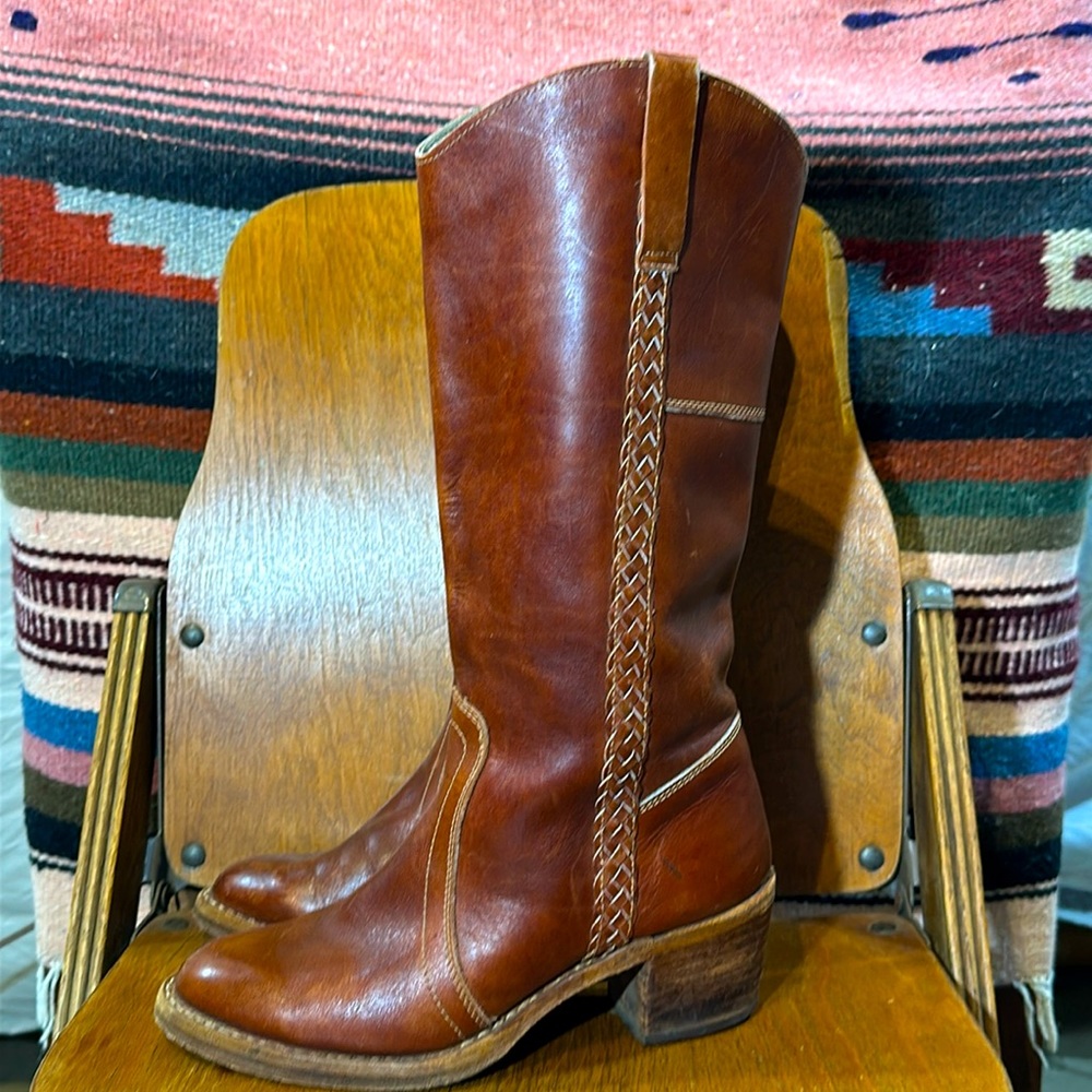 Vtg 70s Kinney cowgirl boots braided brown leather western cowboy sz 9 vintage